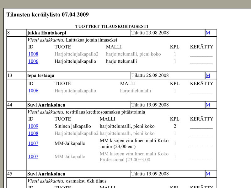 tuunixshop8 verkkokaupasta tulostettava kerailylista